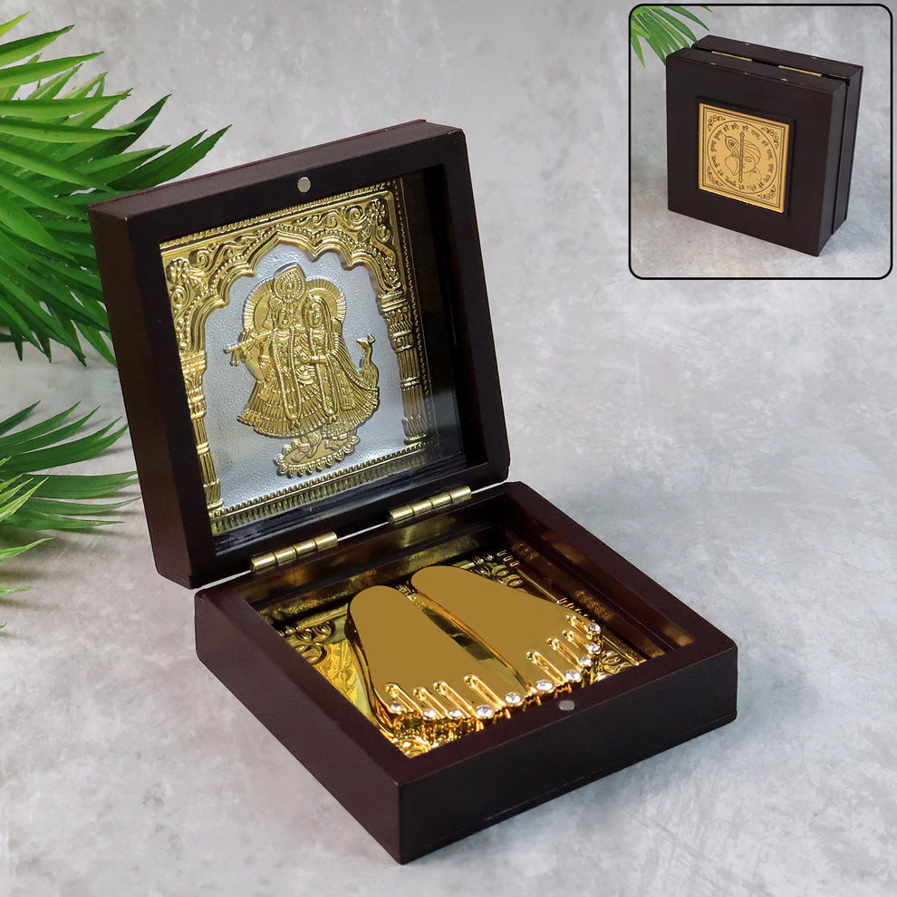 Golden Charan Paduka in Wooden Box – Divine Gift & Home Temple Decor
