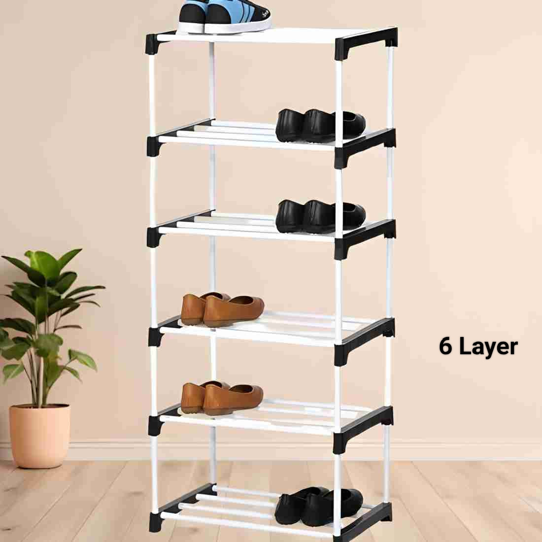 6-Layer Heavy Duty Foldable Rack – Multipurpose Plastic Storage Shelf for Shoes, Books & Clothes (Black)
