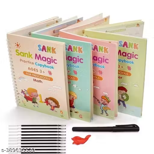 Magic Writing Practice Copybook Set of 4 – Alphabet, Numbers, Math & Drawing | Reusable Tracing Books with Pen & Refills for Kids