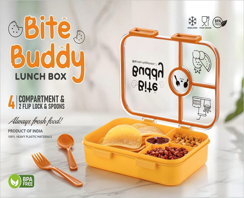 Bite Buddy 4-Compartment Lunch Box (1200ml) with Spoon & Fork | Spill-Proof, BPA-Free | Ideal for School, Office & Travel – Yellow